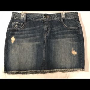 Distressed jean mini skirt